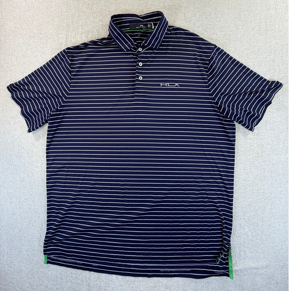 RLX Ralph Lauren Men's XL Navy White Striped 3 Button Golf Polo Performance Top